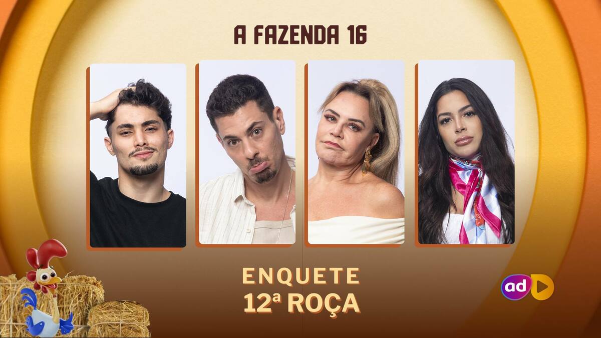 Gui Vieira, Sacha Bali, Flor Fernandez e Luana na arte da enquete de A Fazenda 16 na 12ª Roça