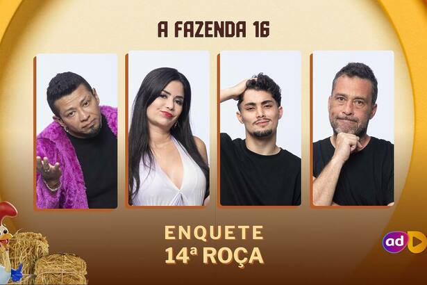 Gilsão, Vanessa, Gui e Juninho na arte da enquete de A Fazenda 16 na 14ª Roça da temporada