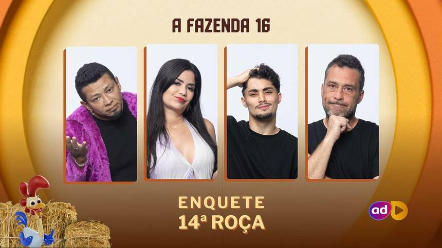 Gilsão, Vanessa, Gui e Juninho na arte da enquete de A Fazenda 16 na 14ª Roça da temporada