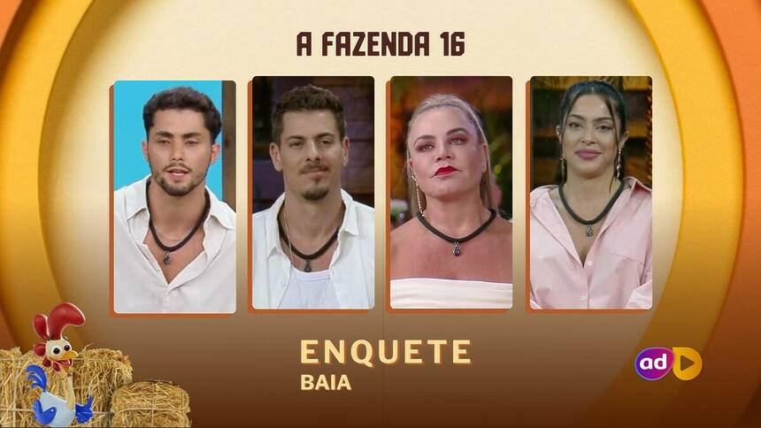 Gui Vieira, Sacha, Flor e Luana com semblantes sérios na arte da enquete de A Fazenda 16