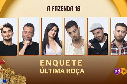 Gui, Juninho, Vanessa, Sacha, Sidney e Yuri na arte da enquete de A Fazenda 16 sobre a última Roça da temporada