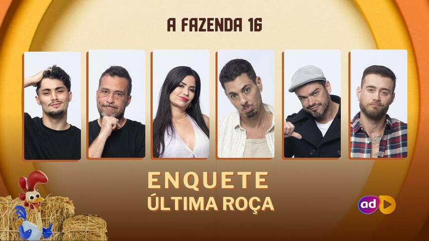 Gui, Juninho, Vanessa, Sacha, Sidney e Yuri na arte da enquete de A Fazenda 16 sobre a última Roça da temporada