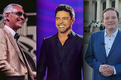 Montagem com Andrea Bocelli, Zezé Di Camargo e Roberto Cabrini todos estão sorrindo