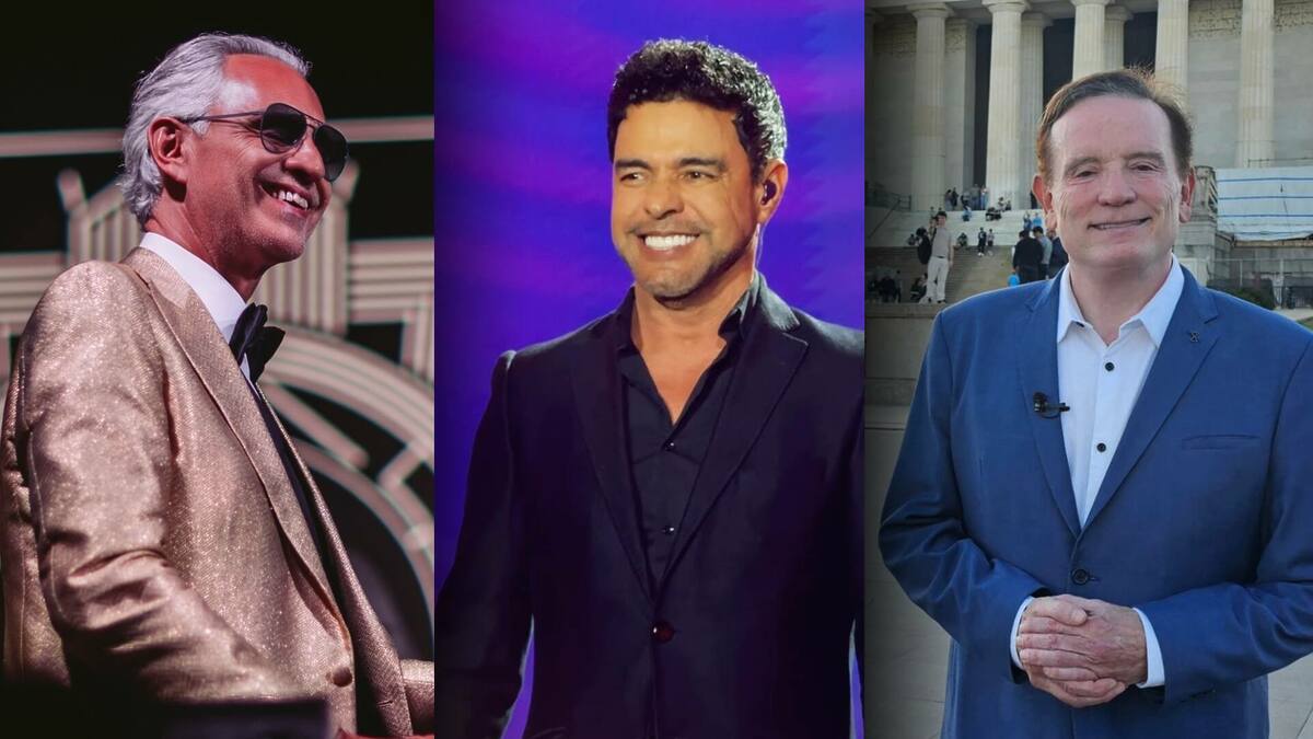 Montagem com Andrea Bocelli, Zezé Di Camargo e Roberto Cabrini todos estão sorrindo