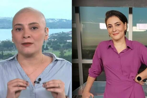 Larissa Rodrigues careca, após tratamento com câncer. Na segunda imagem ela está com vestido rosa e com cabelo, no estúdio da CNN Brasil, antes de ser diagnosticada com a doença