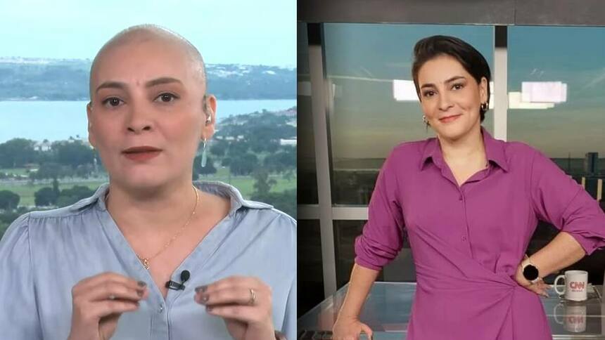 Larissa Rodrigues careca, após tratamento com câncer. Na segunda imagem ela está com vestido rosa e com cabelo, no estúdio da CNN Brasil, antes de ser diagnosticada com a doença