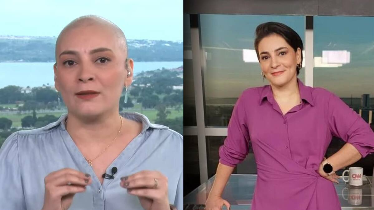 Larissa Rodrigues careca, após tratamento com câncer. Na segunda imagem ela está com vestido rosa e com cabelo, no estúdio da CNN Brasil, antes de ser diagnosticada com a doença
