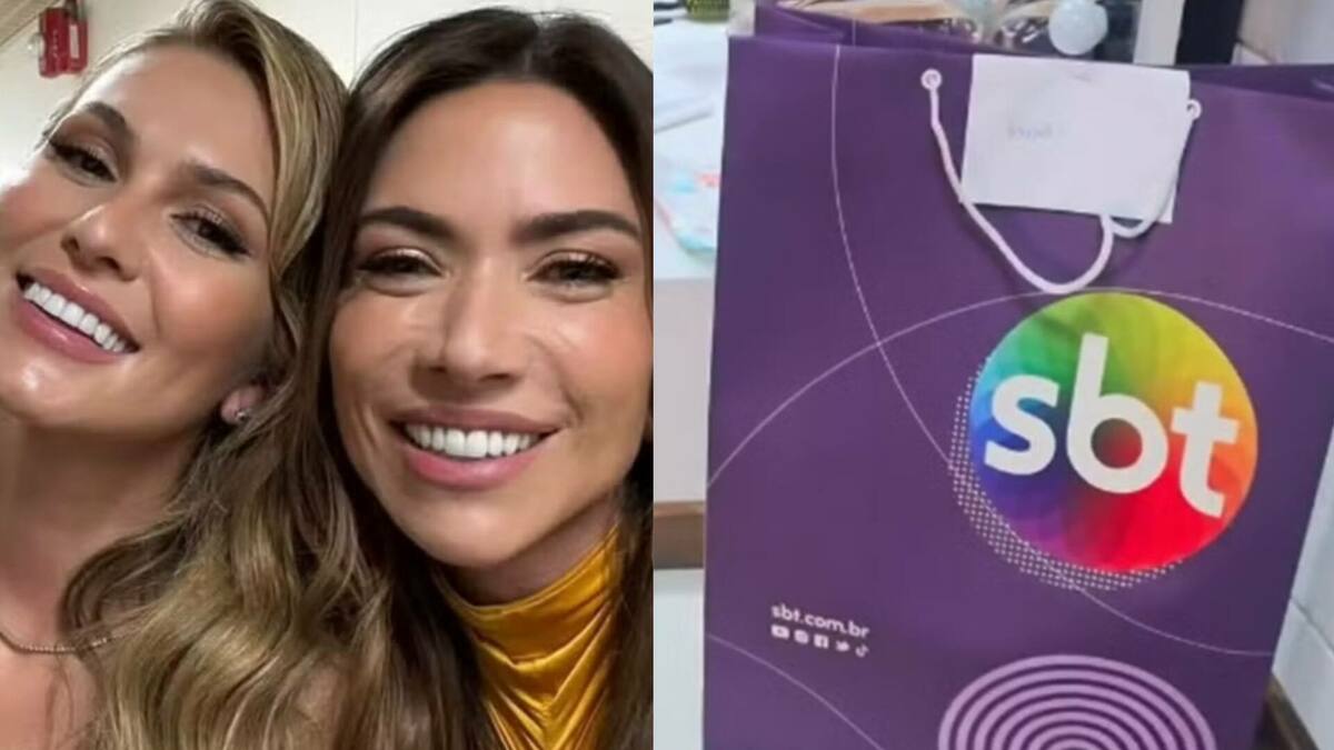 Livia Andrade e Patricia Abravanel juntas na Globo, em montagem com a sacola de presente