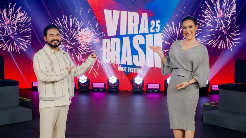 Nadja Haddad e Yudi Tamashiro no cenário do Vira Brasil 2025