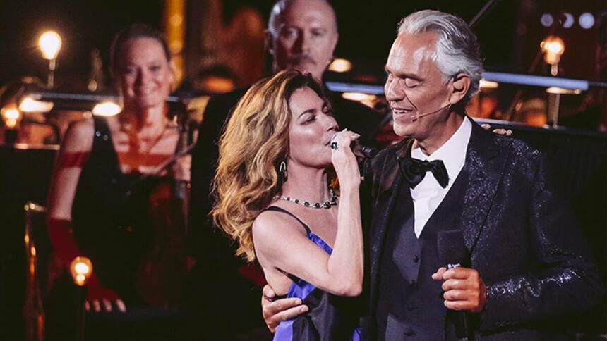 Shania Twain e Andrea Bocelli em trecho do conserto Especial da RECORD