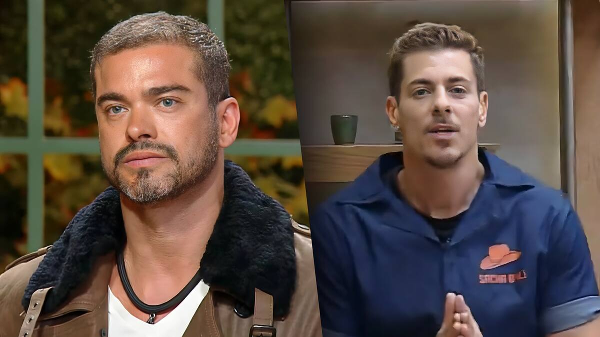 Sidney Sampaio com semblante sério no deck de eliminação de A Fazenda 16. Sacha Bali com roupa da Prova do Fazendeiro