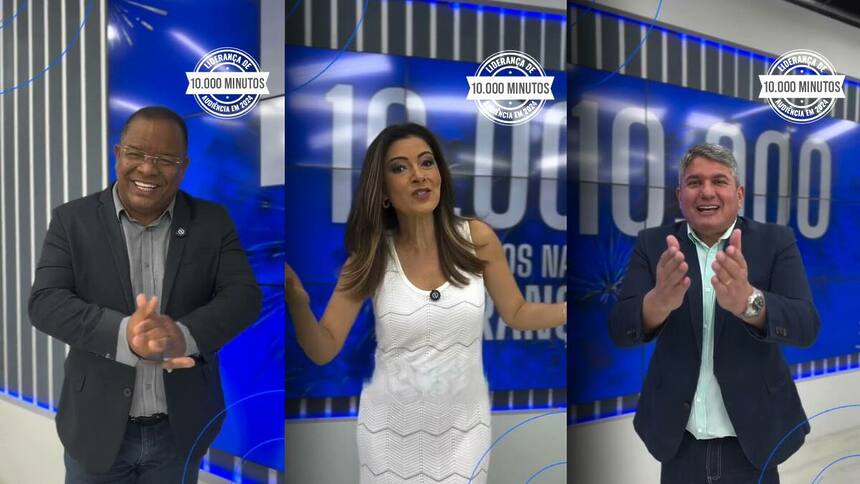 Evenilson Santana, Meiry Lanunce e Gernand Lopes sorridentes na chamada da TV Guararapes/RECORD