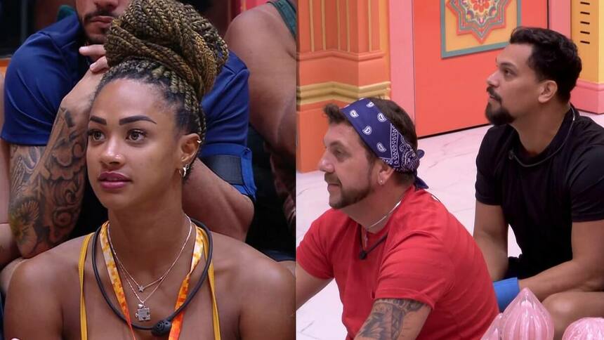 Aline, Edilberto e Vinicius em uma montagem no BBB 25