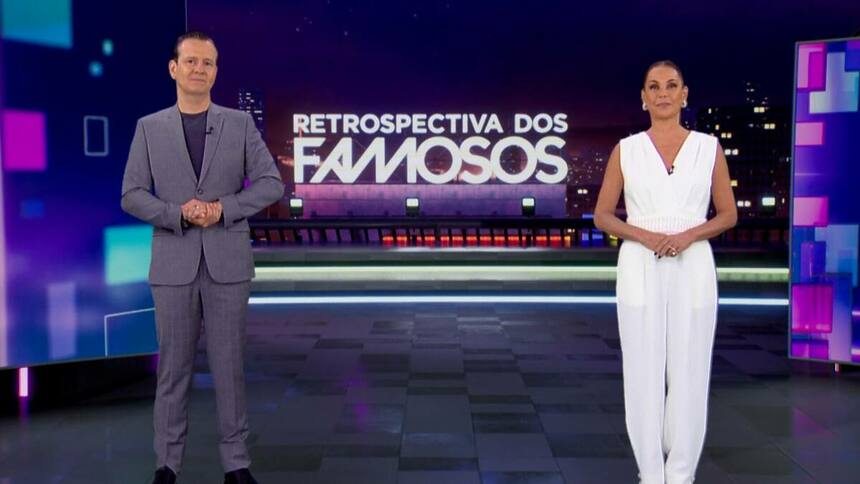 Celso Zucatelli e Carolina Ferraz no cenário virtual da Retrospectiva dos Famosos