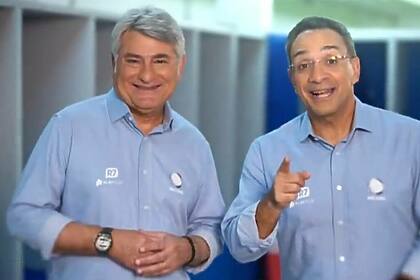 Cleber Machado e Maurício Noriega uniformizados, em trecho da chamada Paulistão na RECORD