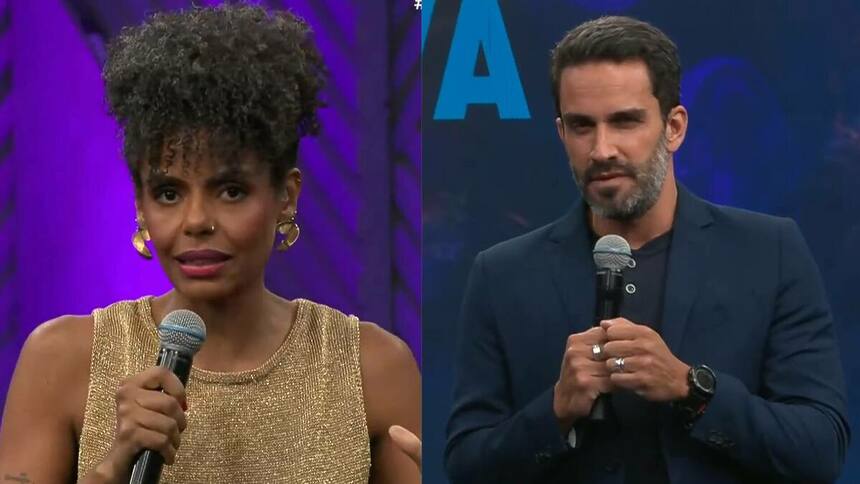 Cynthia Martins e JP Vergueiro em uma montagem no estúdio do Melhor da Noite