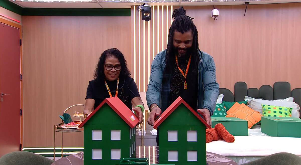 Diogo Almeida e Vilma em dinâmica das casinhas no Apê do Líder no BBB 25