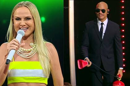 Eliana em montagem com um bombeiro no palco do The Masked Singer Brasil