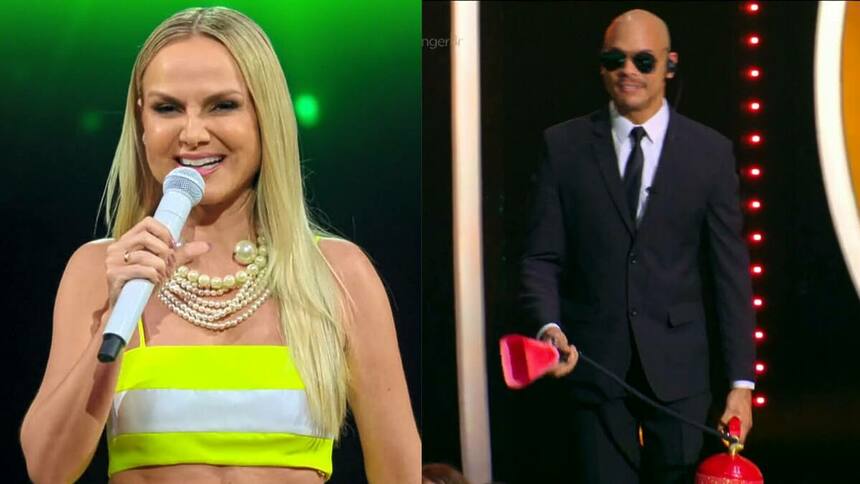 Eliana em montagem com um bombeiro no palco do The Masked Singer Brasil