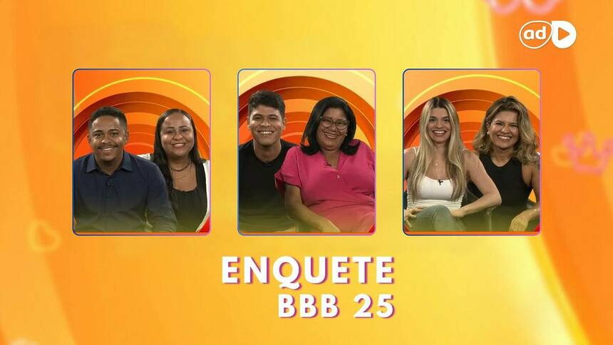 Duplas candidatas a uma vaga no BBB 25 sorridentes em arte da enquete do BBB 25