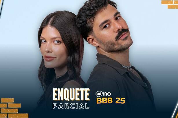Vitória Strada e Mateus com semblantes tristes na arte da enquete do BBB 25