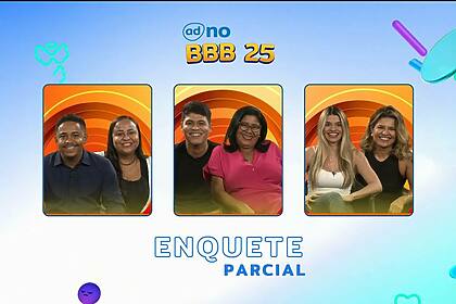 Duplas candidatas a uma vaga no BBB 25 sorridentes em arte de parcial da enquete do BBB 25