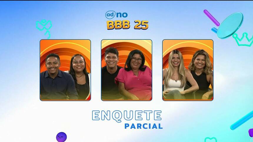 Duplas candidatas a uma vaga no BBB 25 sorridentes em arte de parcial da enquete do BBB 25