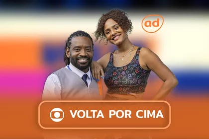 Protagonistas na arte do resumo da novela Volta por Cima