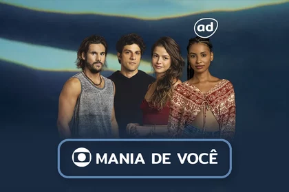 Protagonistas da novela Mania de Você na arte do resumo da semana