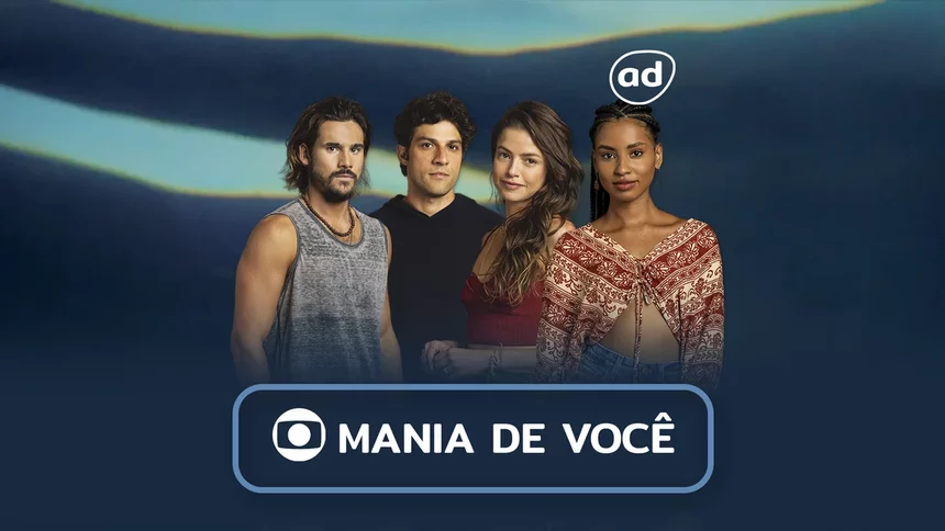 Protagonistas da novela Mania de Você na arte do resumo da semana