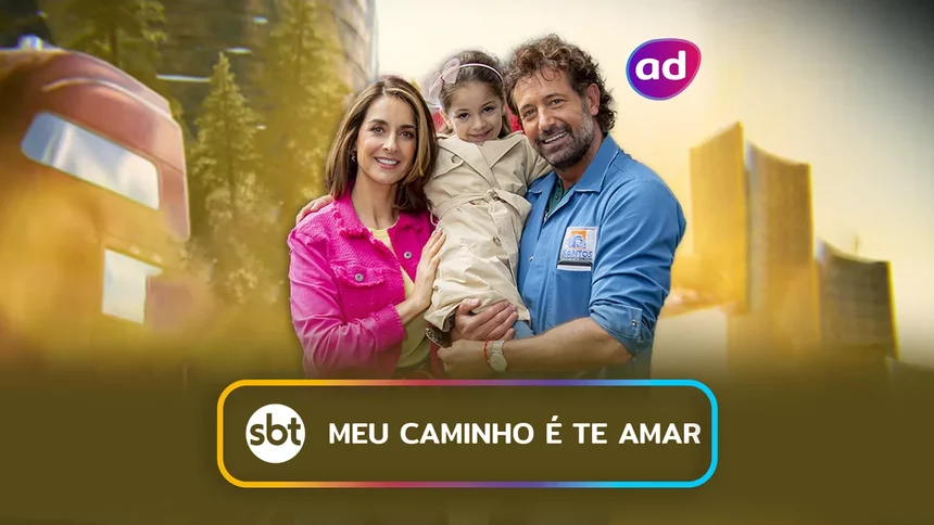 Protagonistas Daniela e Memo juntos na arte do resumo de Meu Caminho É Te Amar