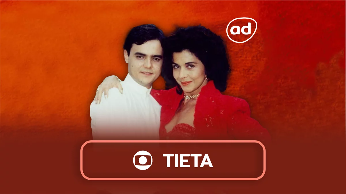 Protagonistas abraçados e sorridentes na arte do resumo de Tieta