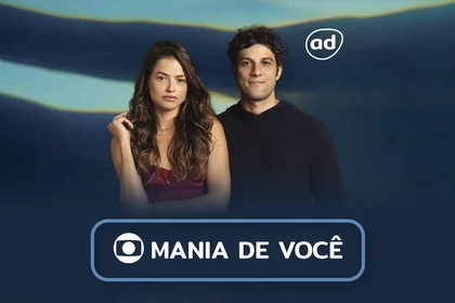 Protagonistas da novela Mania de Você na arte do resumo diário