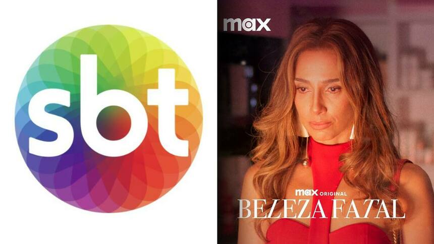 Logo do SBT dividindo tela com Camila Pitanga em cena da novela Beleza Fatal, ela está de vermelho e com semblante assustado