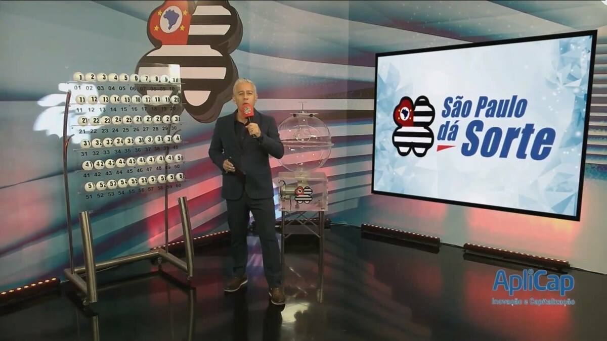 Apresentador do São Paulo dá Sorte de terno preto em frente ao globo de bolas no sorteio deste domingo 26/01/2025