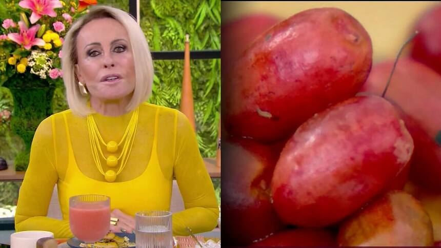 Ana Maria Braga de amarelo sentada a mesa do Mais Você dividindo tela coma fruta do milagre que é vermelha e se parece com uma acerola