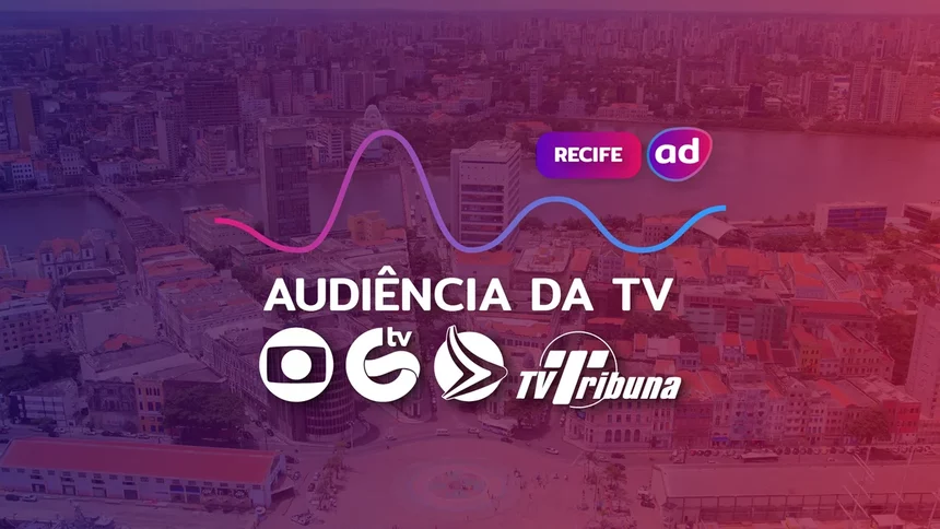 Logo das emissoras TV Globo, RECORD/TV Guararapes, SBT/TV Jornal, Band/TV Tribuna e RedeTV! enfileirados na arte dos dados consolidados de audiência da TV de Recife