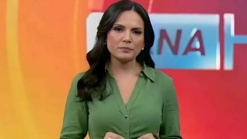 Márcia Dantas veste verde, com semblante fechado, apresentando o Tá na Hora