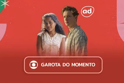 Protagonistas da novela Garota do Momento na arte do resumo da novela