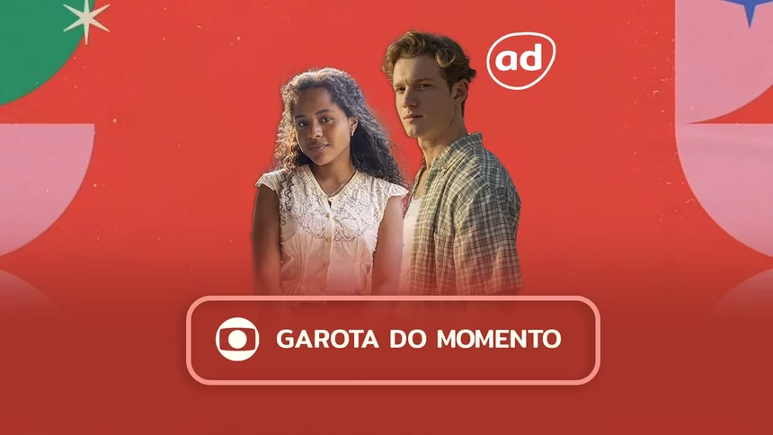 Protagonistas da novela Garota do Momento na arte do resumo da novela