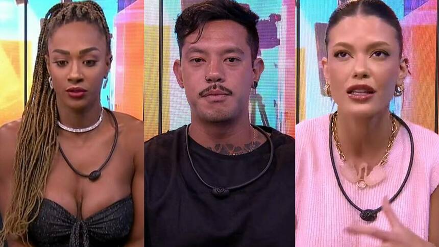 Aline, Gabriel e Vitória Strada em uma montagem no BBB 25