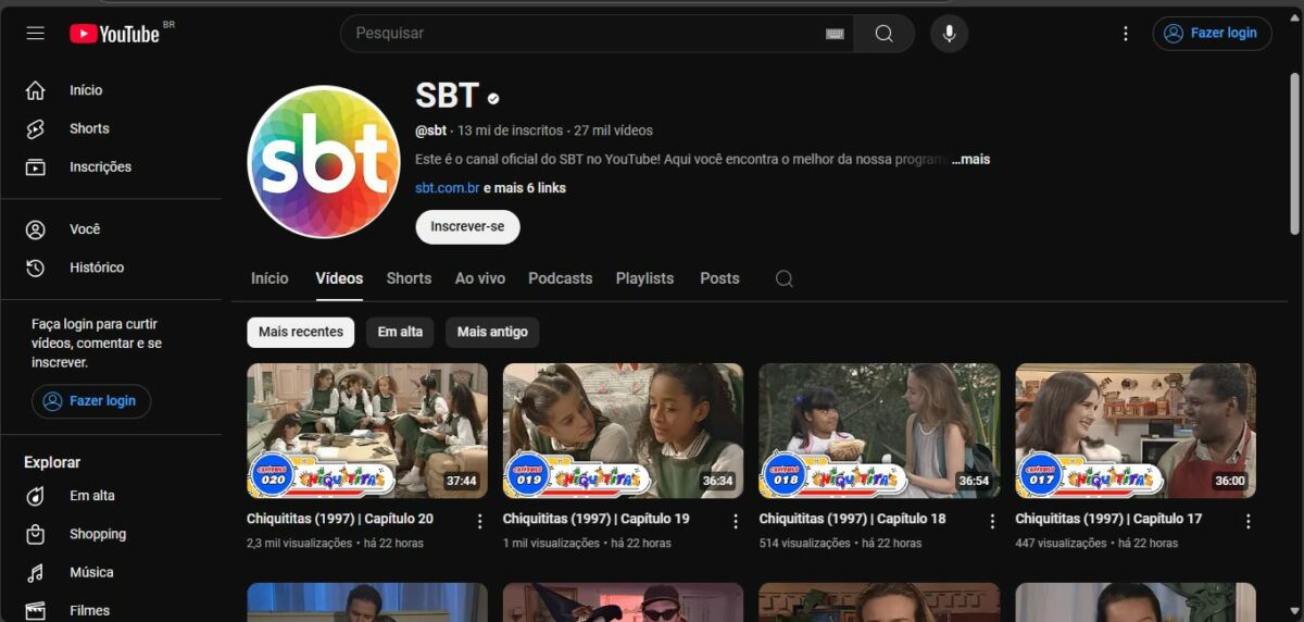 Tela do canal do SBT no YouTube com os capítulos de Chiquititas