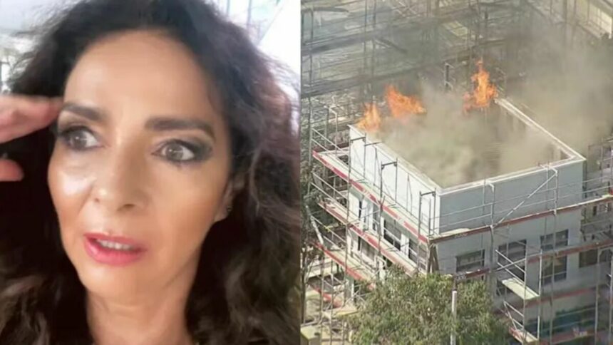 Claudia Ohana em montagem com incêndio nos Estúdios Globo