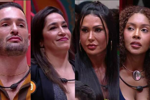 Diego, Daniele Hypólito, Gracyanne e Giovanna com semblantes sérios olhando para o telão com Tadeu na sala do BBB 25