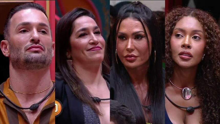 Diego, Daniele Hypólito, Gracyanne e Giovanna com semblantes sérios olhando para o telão com Tadeu na sala do BBB 25