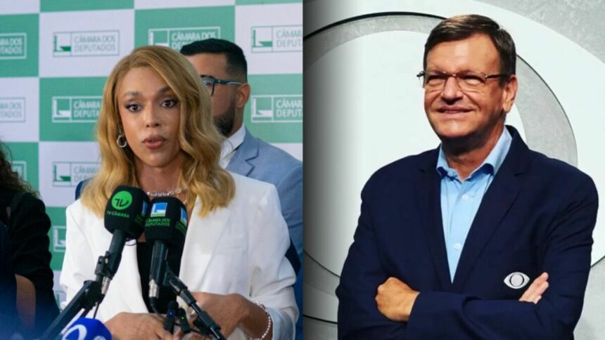 Deputada Federal Érika Hilton em entrevista na Câmara dos Deputados dividindo tela com o narrador Sérgio Maurício que está de terno e na frente do logo da Band