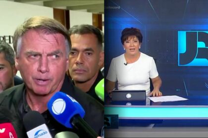 Bolsonaro fala ao microfone de emissoras em tela dividida com Chris Lemos na bancada do Jornal da Record