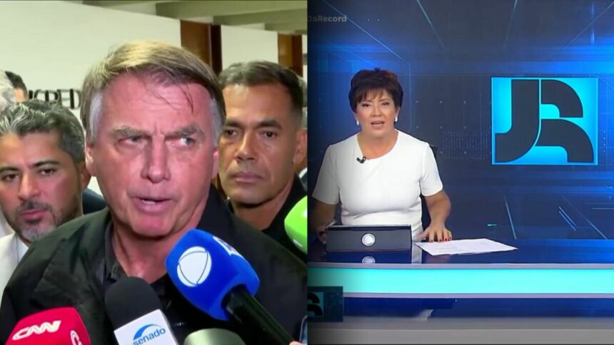 Bolsonaro fala ao microfone de emissoras em tela dividida com Chris Lemos na bancada do Jornal da Record