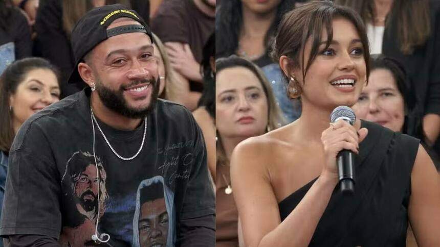 Memphis Depay e Sophie Charlotte em uma montagem no Altas Horas