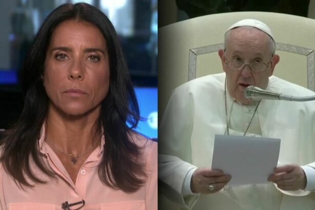Jornalista Mônica Teixeira na redação da Globo divide tela com o Papa Francisco